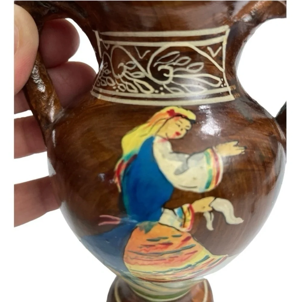 Vintage Signed Handmade Greek Pottery Vase Woman Double Handle Made in Greece
